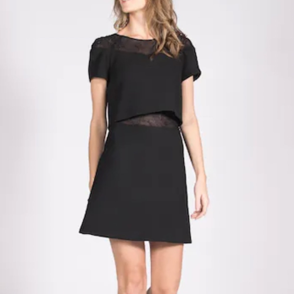 MAJE black Grimage illusion 2 piece crop top lace panel short sleeve mini dress